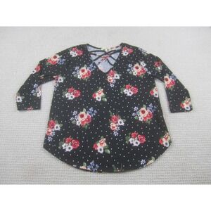 Wishful Park Shirt Womens Large Black Floral‎ Polka Dot V Neck 3/4 Sleeve